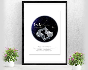 Zodiac Poster Pisces | Constellation | Gift Baptism Birth | | for her and him Astrology | Horoscope | Miscellaneous. Colors A-234