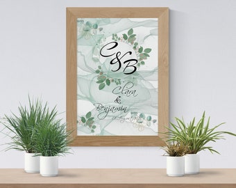 Poster Personalisiert mit Initialen | Geschenk für Paare | zur Verlobung | Hochzeit | Geschenk zum Hochzeitstag | Bild Grün | Druck A-031