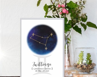 Sternzeichenposter Zwillinge mit Rahmen | Sternbild mit Strasssteinen Din A5 | Geschenk Taufe Geburt | für sie / ihn | Astrologie  Horoskop