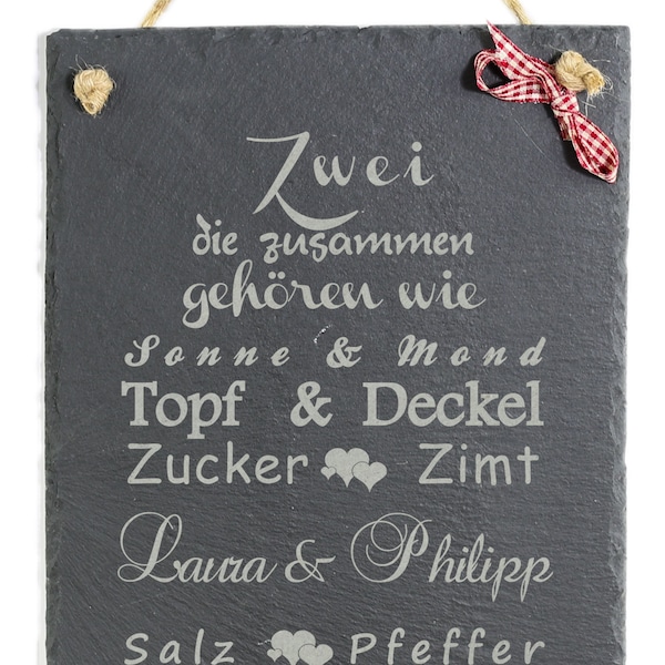 Schild mit Spruch witzig Zwei die zusammen... Schiefertafel Hochzeit Geschenk Originelle Wand Deko Personalisiert mit Namen 20 x 30 cm groß