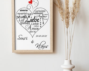 Poster Liebe mehrsprachig | Personalisiert mit Namen | Geschenk für Paare | zum Valentinstag | Hochzeit | Geschenk Herz | Druck A-008