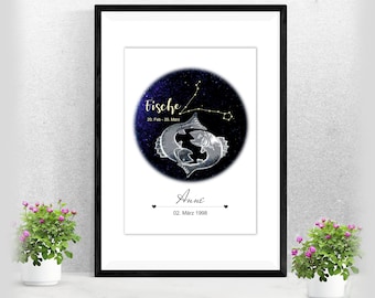 Zodiac Poster Pisces | by name | Gift Baptism Birth | | for her and him Astrology | Horoscope | Miscellaneous. Colors A-234-p-