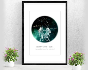 Zodiac Poster Gemini | Constellation | Gift Baptism Birth | | for her and him Astrology | Horoscope | Miscellaneous. Colors A-240