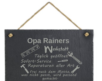 Werkstatt Schild mit Namen Personalisiert Geschenk für Sie od. Ihn Gravur auf Schiefer zum Aufhängen für Weihnachten Geburtstag Mann Frau