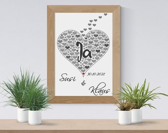 Poster Herz Ja | Personalisiert mit Namen | Geschenk für Paare | zur Verlobung | Hochzeit | Geschenk mit Herz | Druck A-007