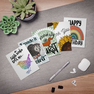 Pacote de 5 cartões comemorativos - Mandala, Punny, Aniversário, Gambá, Dachshund, Obrigado