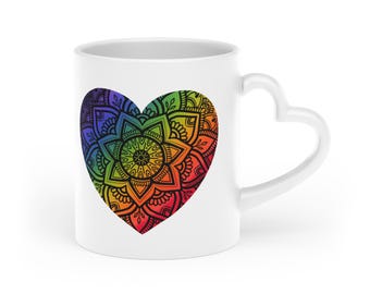Rainbow Mandala Heart-Shaped Mug