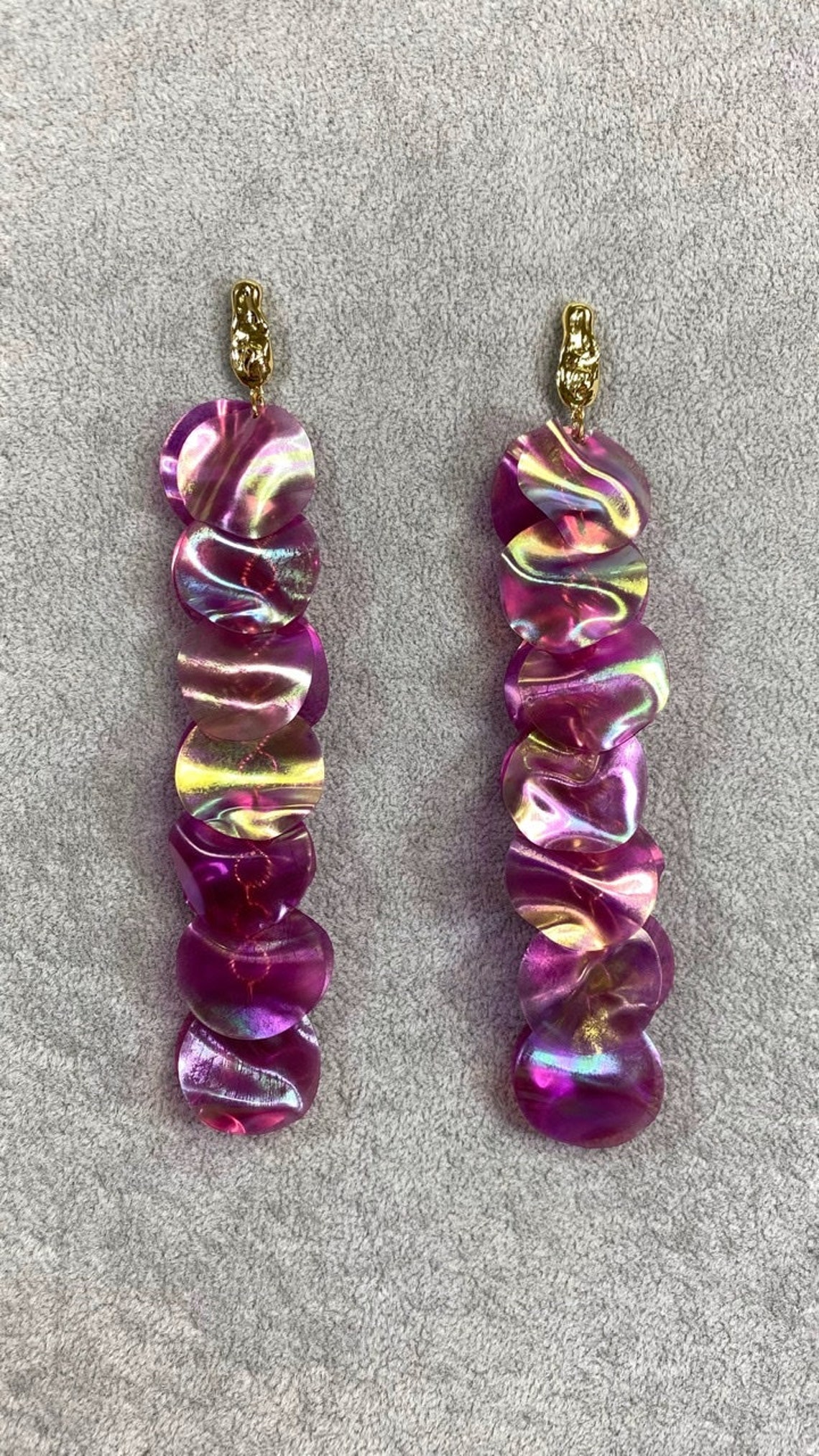 Pink holographic sequin earrings. Long chunky earrings. Etsy