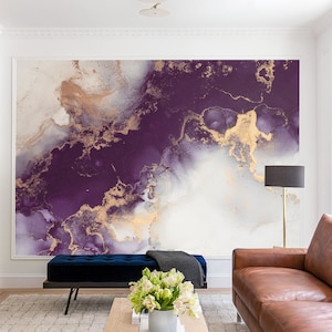 Carta da parati viola e rosa, stampa murale in marmo e acquerello, decorazione murale, arte moderna, arte murale con inchiostro alcolico dorato, arte murale astratta, decorazione murale per la casa