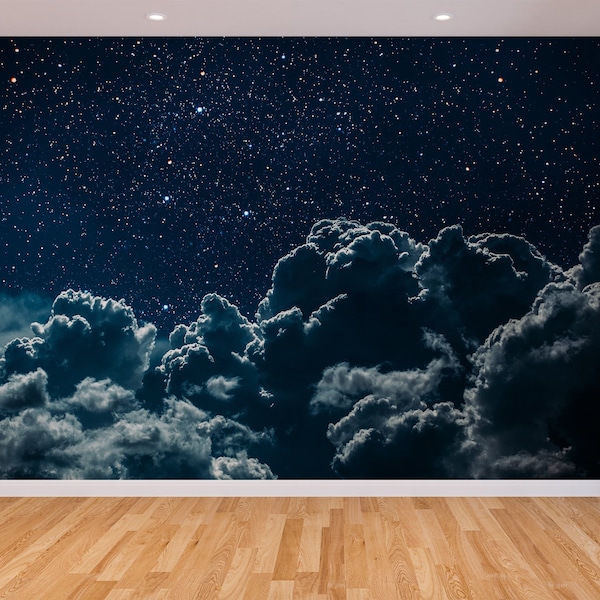 Night Sky Star Wall Art Wallpaper Clouds & Stars Wall Mural Starry Blue Night Sky Print Landscape Peel and Stick Wall Art Mural Decor Home