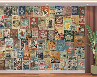 Retro Pop Art Wallpaper Vintage Posters Collage Wall Mural Peel and Stick Wallpaper Living Room Office Cafe Bar Wall Decoration Retro Mural