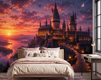 Magical Castle Wallpaper Sunset Fantasy Wall Mural for Bedroom Gothic Home Decor