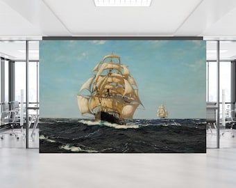 Old Ship Oil Painting Wall Mural Nautical & Rural Vintage Painted Ship Landscape Wallpaper Wall Art Peel and Stick Wall Decor Home Room