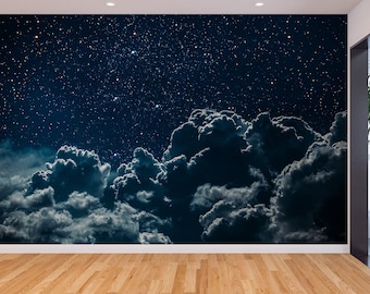 Night Sky Star Wall Art Wallpaper Clouds & Stars Wall Mural Starry Blue Night Sky Print Landscape Peel and Stick Wall Art Mural Decor Home