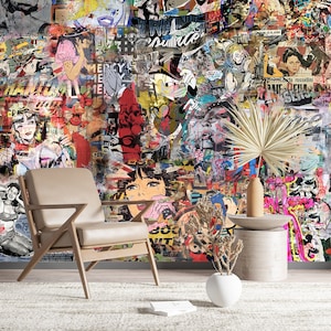 Papel tapiz de arte pop, póster retro, mural de pared y grafiti de arte callejero, mural retro de estilo urbano, mural de arte de pared moderno, decoración despegable y adhesiva