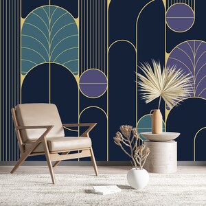 Carta da parati geometrica Art Deco moderna e murale Linee geometriche scure Blu navy Oro metallizzato Decorazione casa camera da letto Autoadesiva