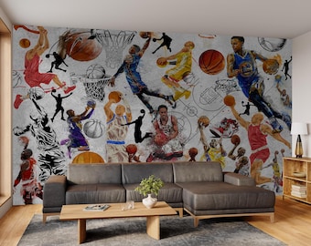 Mural de pared de baloncesto con grafiti: Arte urbano para decoración de gimnasios (autoadhesivo)