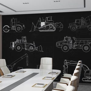 Construction Blueprint Wallpaper: Black & White Engineering Vehicle Wall Mural