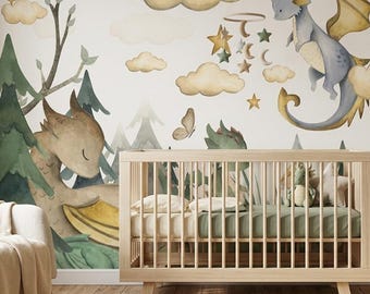 Watercolor Baby Dragon Wallpaper Gender Neutral Dream Forest Woodland Wall Mural For Kids