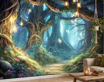 May include: A vibrant mural depicts a mystical forest scene with a pathway leading into the distance. The artwork features lush greenery, glowing lights, and large, textured trees. The room also includes a wooden coffee table, a beige sofa, and hanging plants.