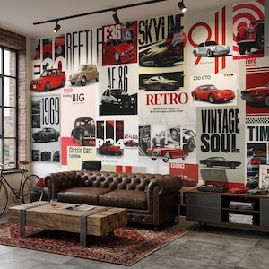 May include: A living room with a vintage car theme. A brown leather sofa, a wooden coffee table, and a rug are in front of a wall decorated with classic car posters. A bicycle and a bar cart are also present.