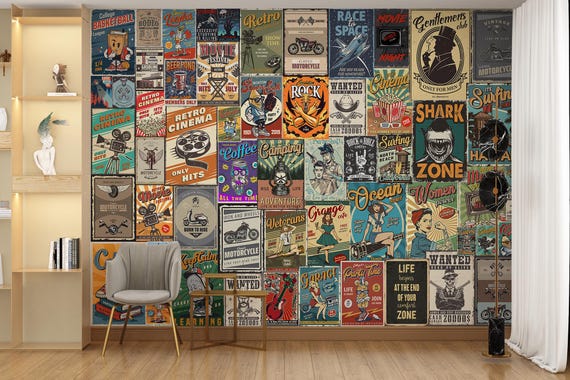 Vintage Americana Poster Collage Wall Mural Retro Teen Room