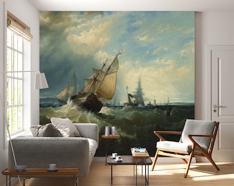 Papel pintado vintage con temática de tormenta marina, estampado antiguo de barco y mural náutico. Arte mural autoadhesivo para decoración del hogar o la habitación.