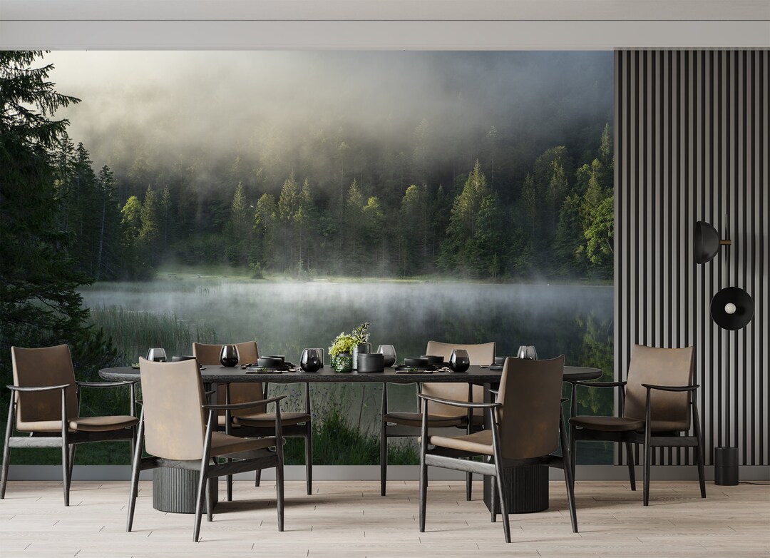 Forest Moody Wallpaper Trees Foggy Landscape Wall Mural Peel and Stick ...