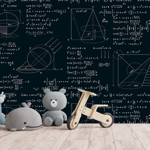 Carta da parati scientifica, educazione, fisica e matematica, motivo per appassionati, equazione e schema, stacca e attacca, murale moderno, decorazione da parete per la casa