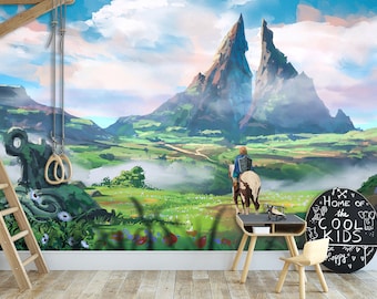 Zelda & Gaming Mural Wall Art Wallpaper Legend of Zelda Tears of the Kingdom Peel and stick Playroom decor Video game art Kids decor room