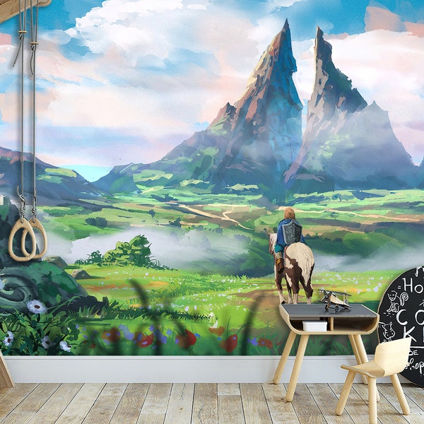 Zelda & Gaming Mural Wall Art Wallpaper Legend of Zelda Tears of the Kingdom Peel and stick Playroom decor Video game art Kids decor room