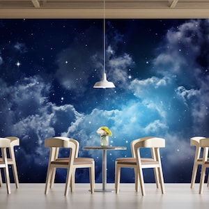 Nachthimmel Sterne Tapete Wolken & Sterne Wandkunst Wandbild Sternenhimmel Blauer Nachthimmel Print Landschaft Schälen und Stick Wandkunst Wandbild Dekor Zuhause