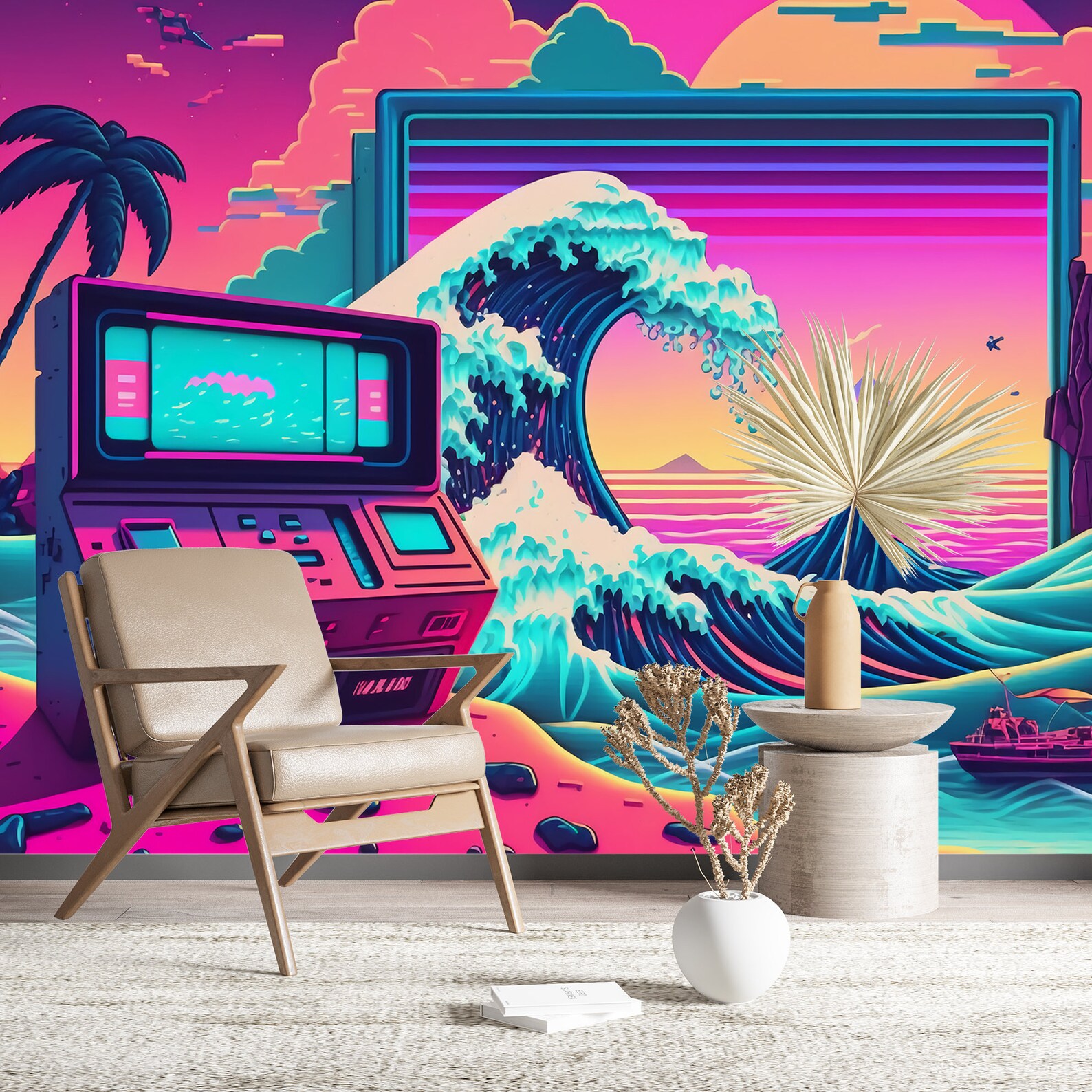Kanagawa Neon & Vaporwave Wall Art Mural Retro 80's the Great Wave off ...