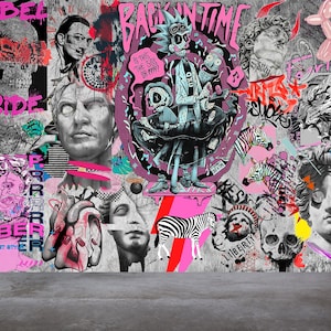 Cartoon Graffiti Wallpaper Urban Street Art Modern & Original Collag Street Art Abstract Peel and Stick Wall Mural Modern wall Decor Home