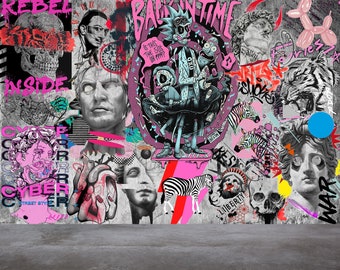 Cartoon Graffiti Tapete, Urban Street Art Wandbild zum Schälen und Aufkleben