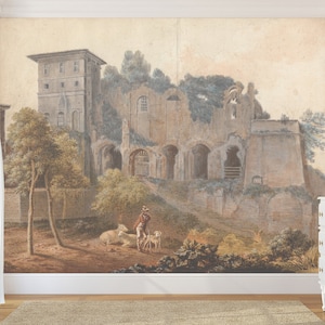 Antico castello sulla carta da parati della montagna, murale rurale vintage, murale panoramico shabby, stacca e attacca, murale retrò, arte murale, decorazione del paesaggio, casa
