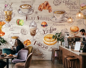 Coffee Shop Sketch Wallpaper Cafe Wall Mural Decor Coffee Art