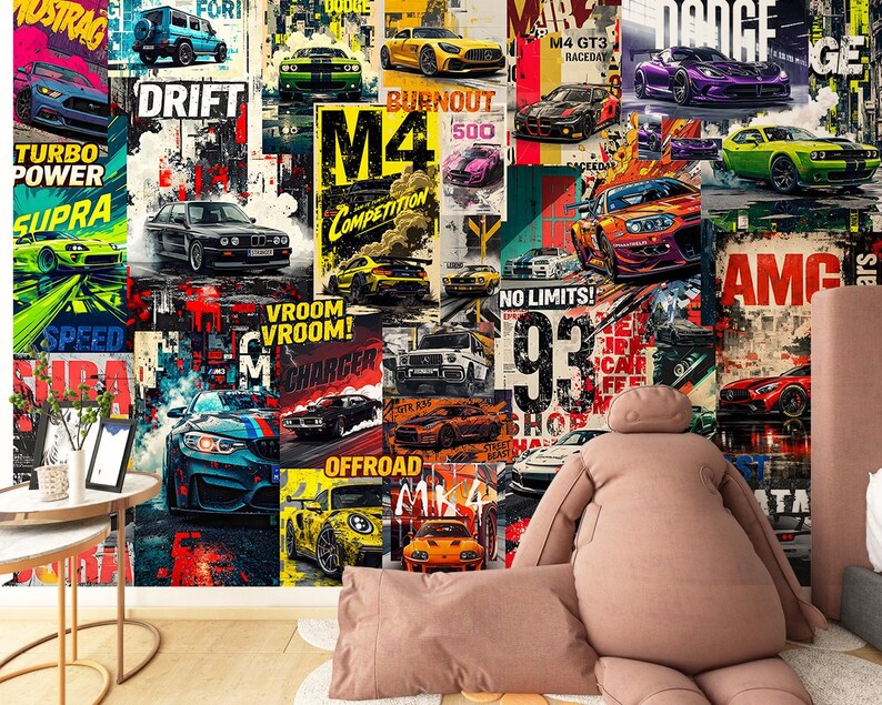 Automotive Drift Culture Collage Wallpaper: Bold Typography, Retro ...