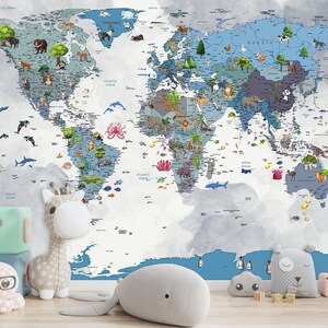 Wandbild Tier Kinder Weltkarte Tapete Dekor Zimmer Schälen und Aufkleben Geschenk & Kinder Vinyl Wandkunst Dekor Kontinent Welt Wap Tapete Kinderzimmer Kunst