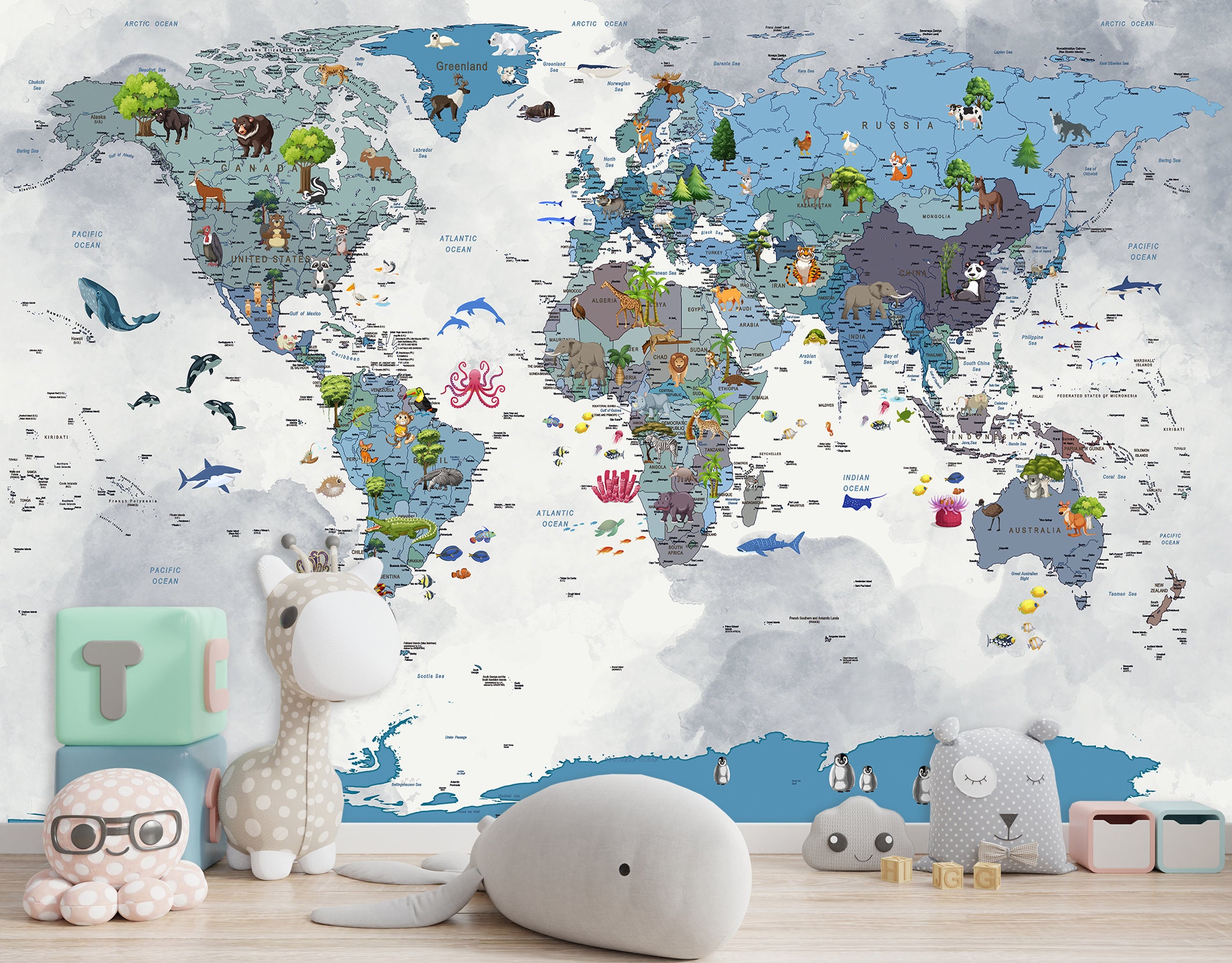 Mural Animal Kids World Map Wallpaper Decor Room Peel and Stick Gift ...