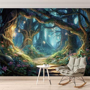 Fairytale Magical Forest Wallpaper Enchanted Woods Wall Mural Photomural Peel and Stick Self Adhesive Kids Wallpaper Art