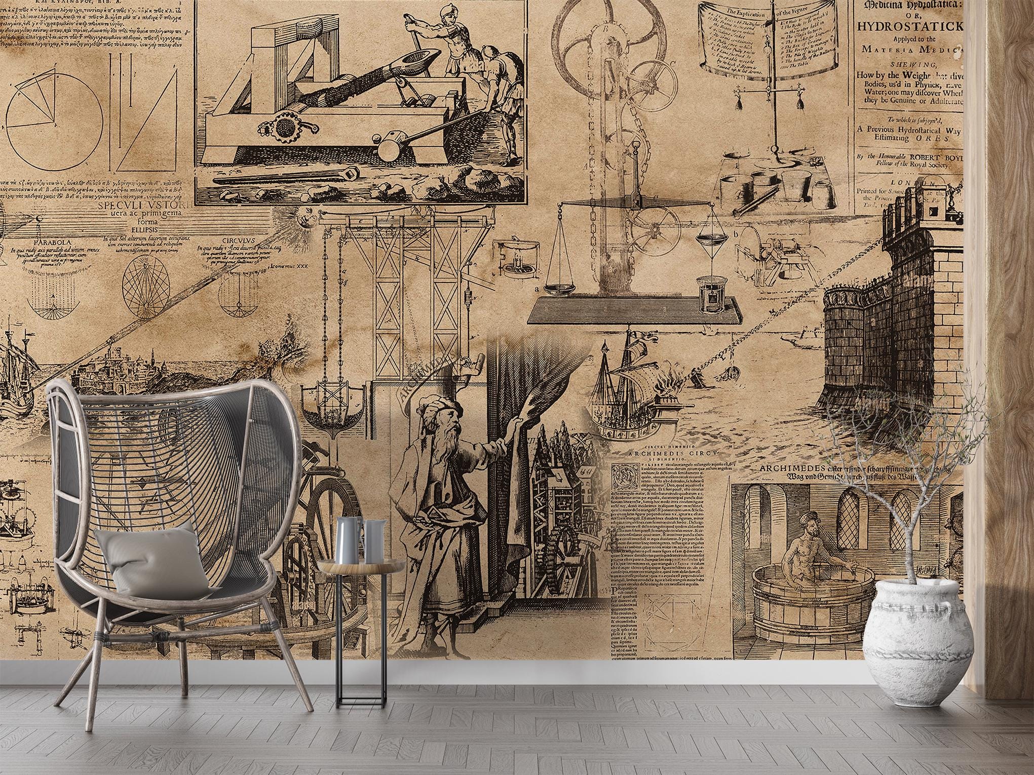 Archimedes Vintage Wallpaper Engineer Scientist Science Drawings ...