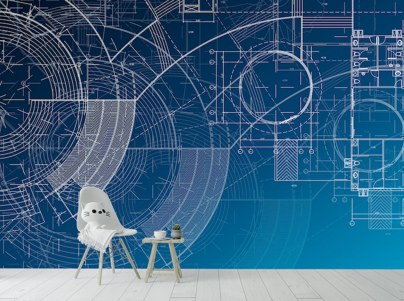 May include: A white chair with a cat-shaped headrest sits in front of a blue wall with a white architectural blueprint design.