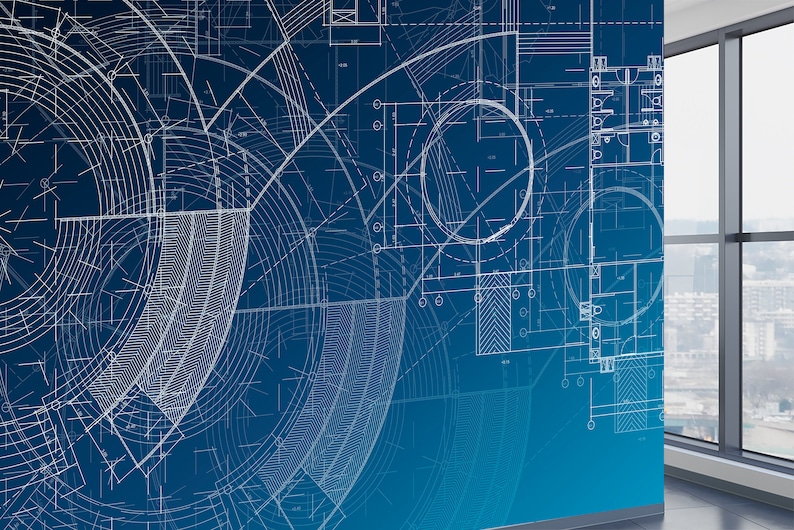 May include: A blue and white blueprint pattern wallpaper with a gradient effect. The pattern features circles, lines, and geometric shapes.
