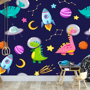 Carta da parati con dinosauri spaziali, pianeti e razzi e UFO per bambini, decorazione da parete per cameretta dei bambini, sala giochi, autoadesiva