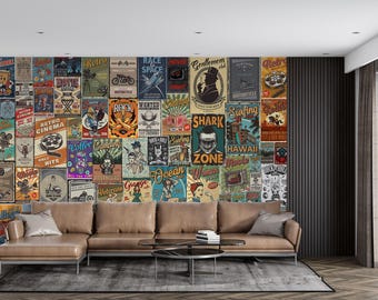 Vintage Americana Poster Collage Wall Mural Retro Teen Room