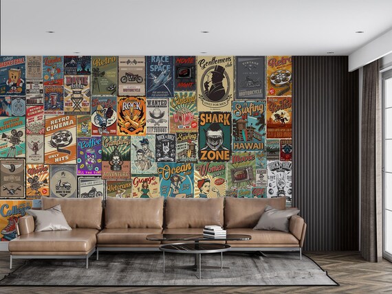 Vintage Americana Poster Collage Wall Mural Retro Teen Room