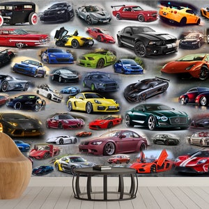 Mural cars collage Peel and Stick wallpaper sport & cars Wall art super cars collage Man room decor Wallpaper custom