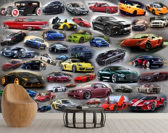 Mural colagem de carros Descasque e cole papel de parede esporte e carros Arte de parede colagem de super carros Decoração de quarto de homem Papel de parede personalizado