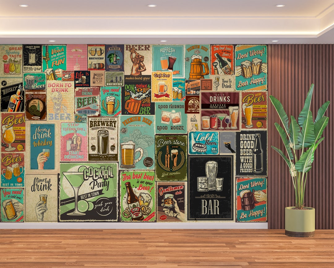 Drinks Poster Wallpaper Vintage Wall Mural & Pop Art Retro Old Beer